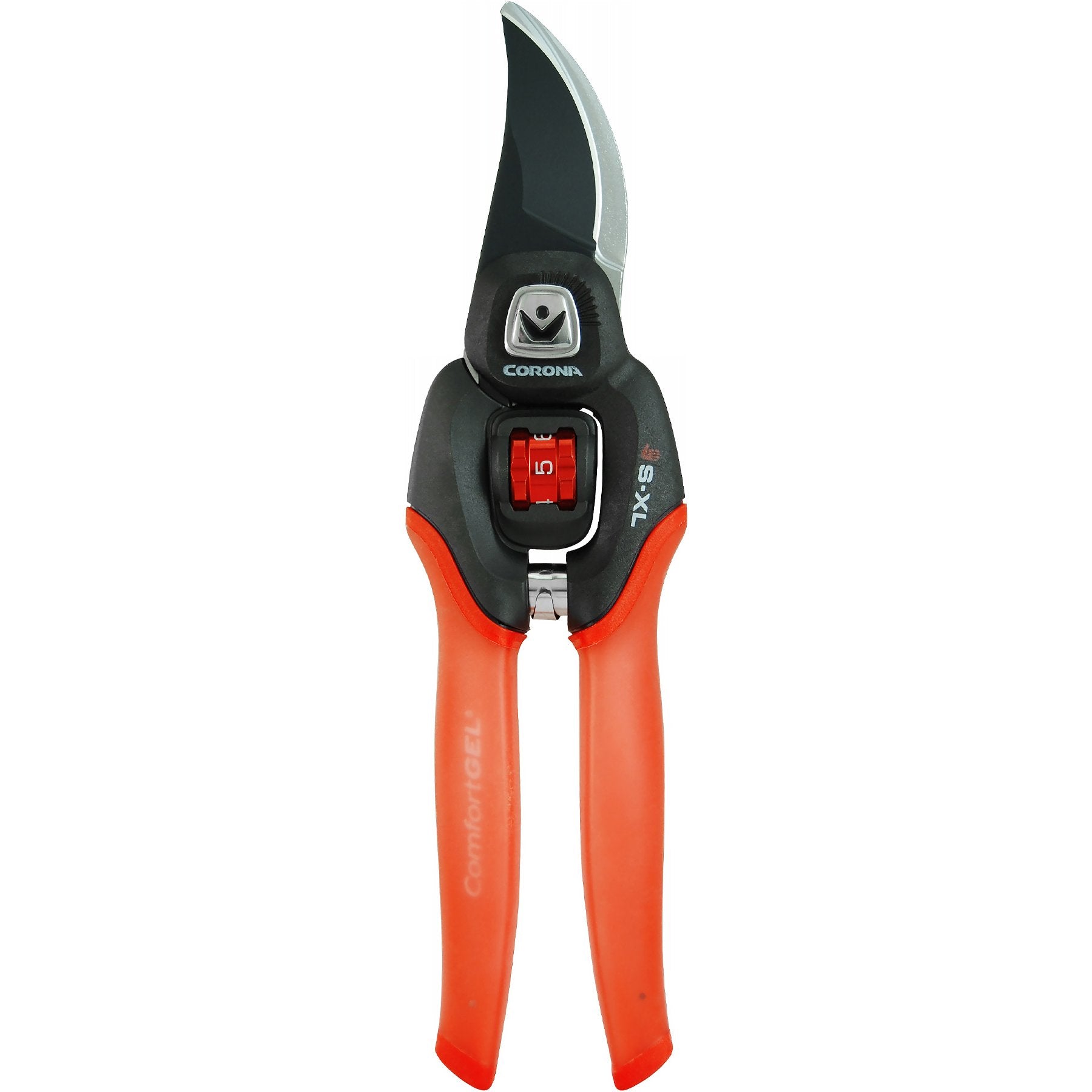 Corona Clipper front view of the red black bypass pruner showing overall design and fit