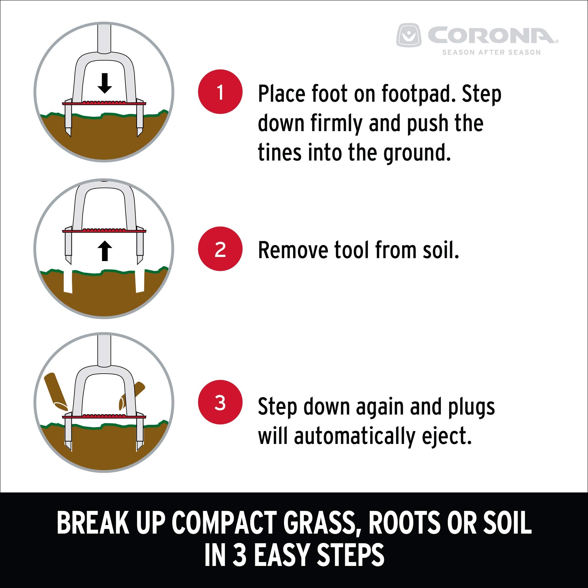 Corona Clipper in use on lawn demonstrating easy step-and-pull aeration motion