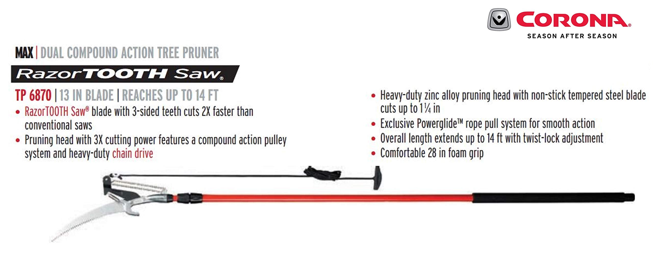 Corona Clipper foam grip and PowerGlide rope pull system offering comfortable control