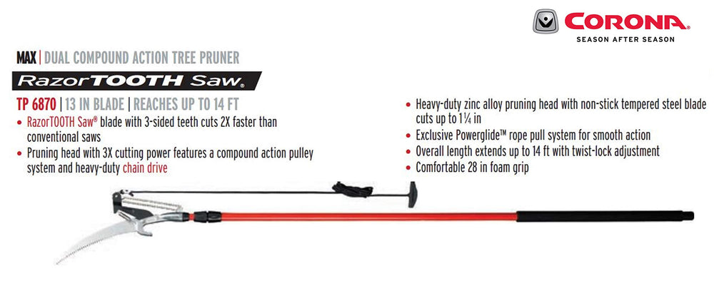 Corona Clipper foam grip and PowerGlide rope pull system offering comfortable control