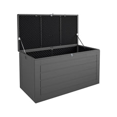 Cosco deck box front view showing charcoal finish and organized storage benefit