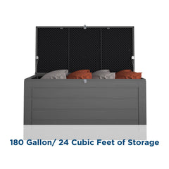 Cosco deck box open showing roomy interior for large cushions benefit