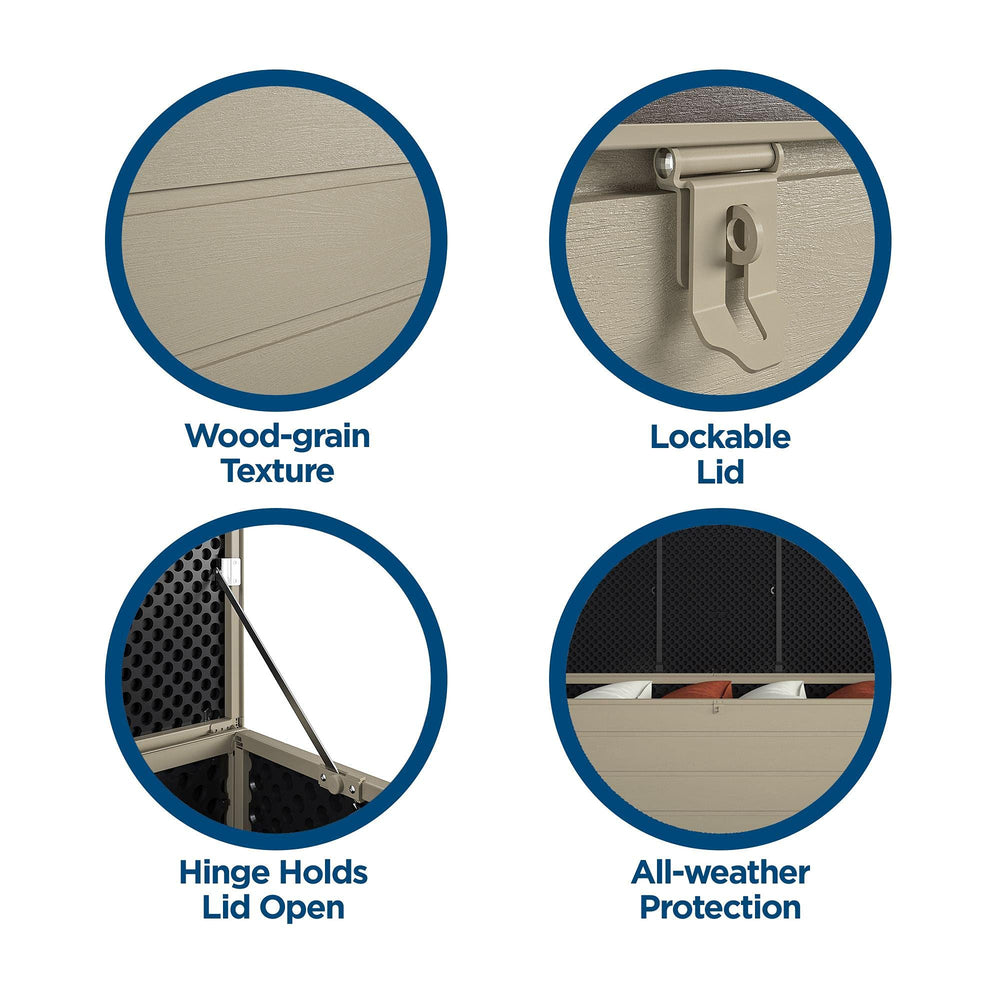 Cosco Outdoor Living lid held open demonstrates safety-hinge convenience