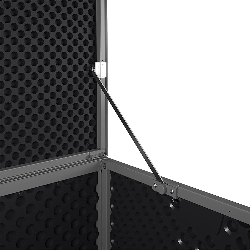 Cosco box in rain demonstrating weather-resistant resin keeping contents dry benefit