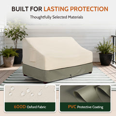 COSFLY covered loveseat in garden demonstrating seasonal protection
