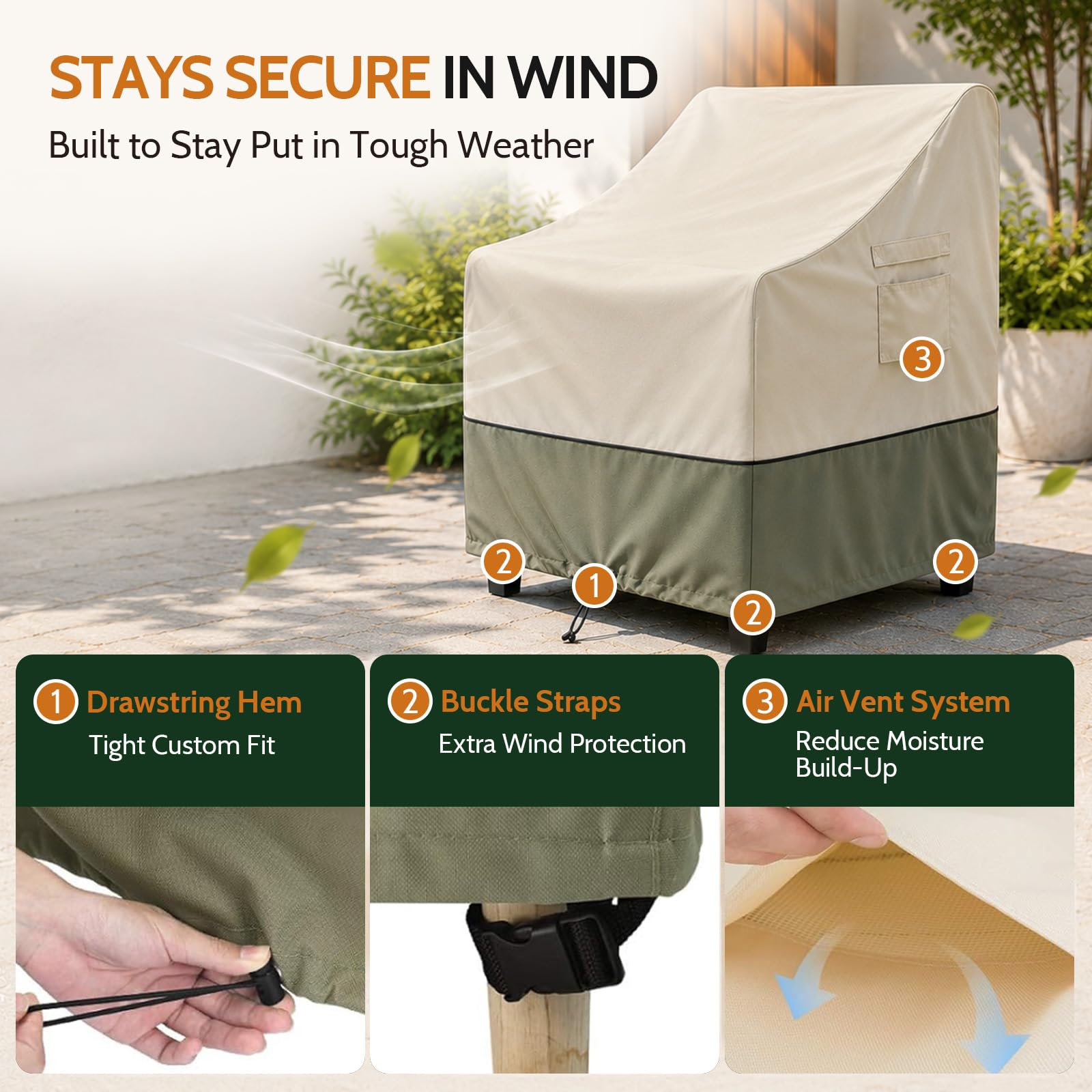 COSFLY funda colocada en silla de patio protegiendo exteriores