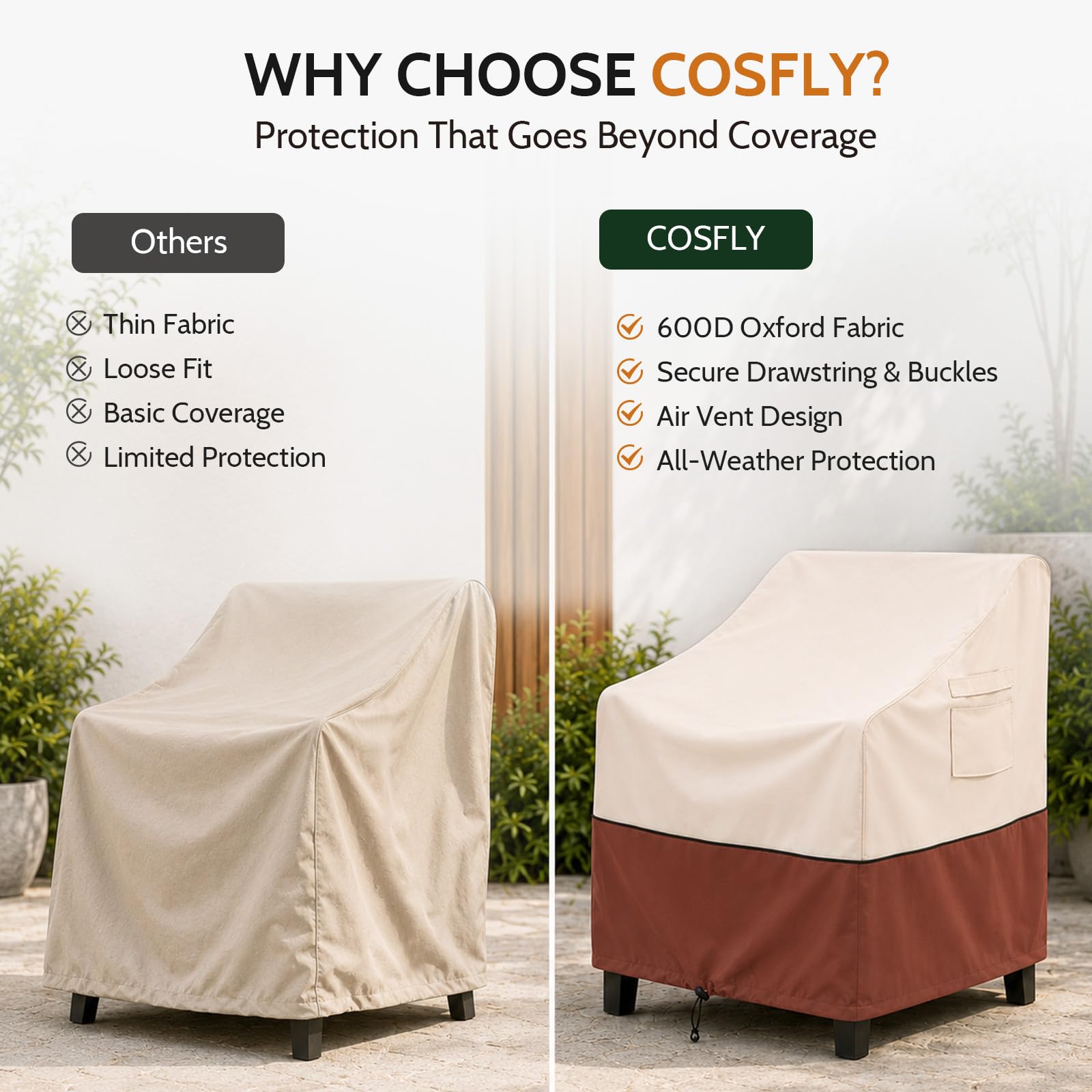 COSFLY funda cubriendo silla bajo lluvia demostrando impermeabilidad