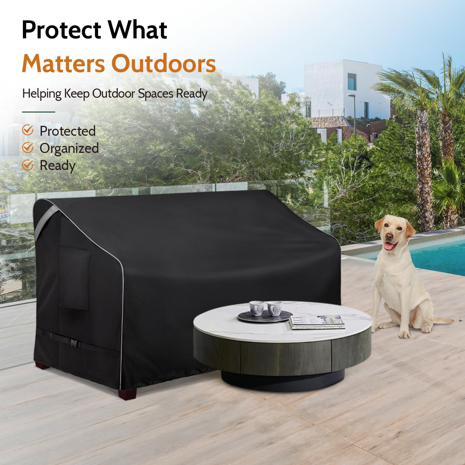 COSFLY lifestyle patio setting illustrating covered sofa protection