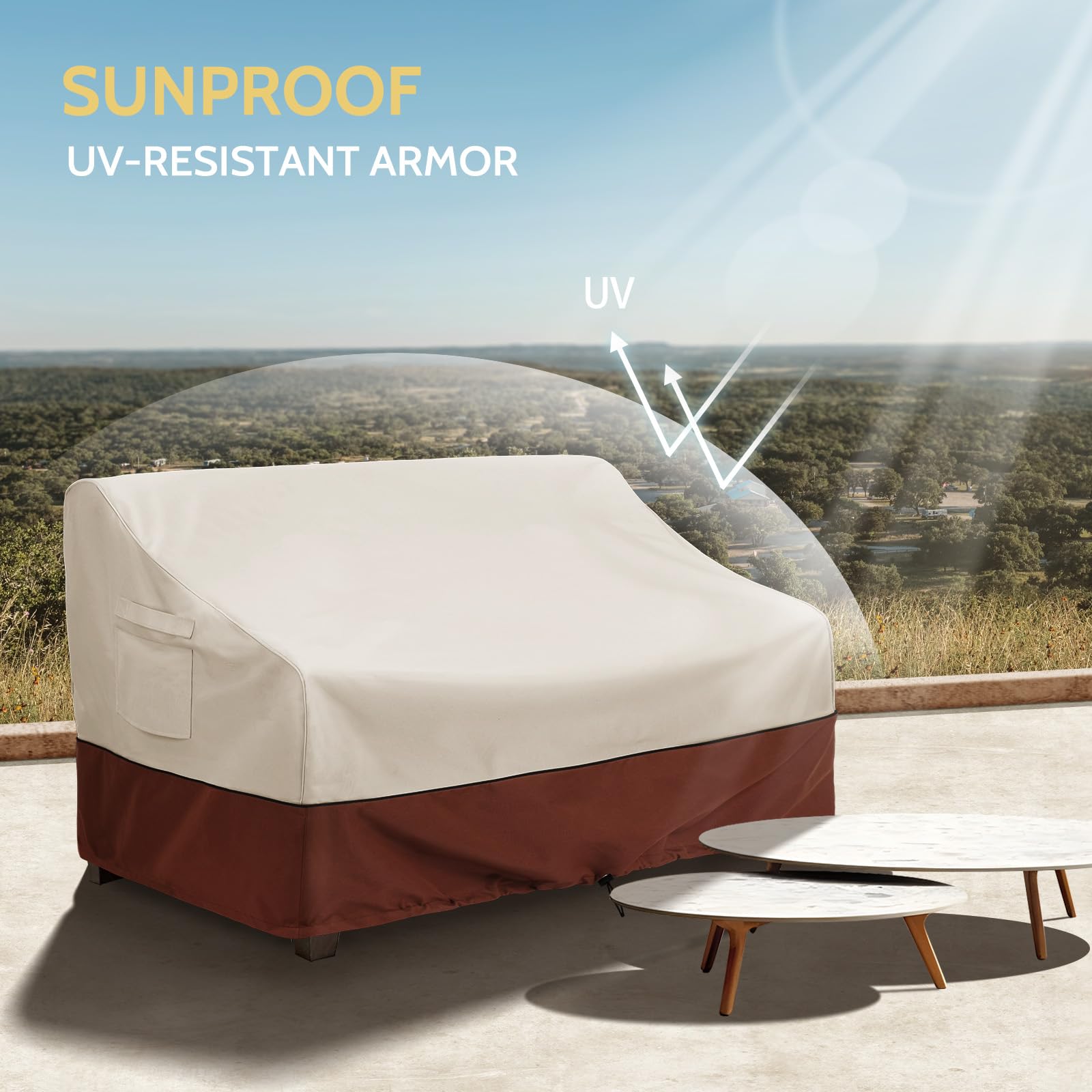 COSFLY covered sofa in patio setting illustrating clean, weather-safe furniture
