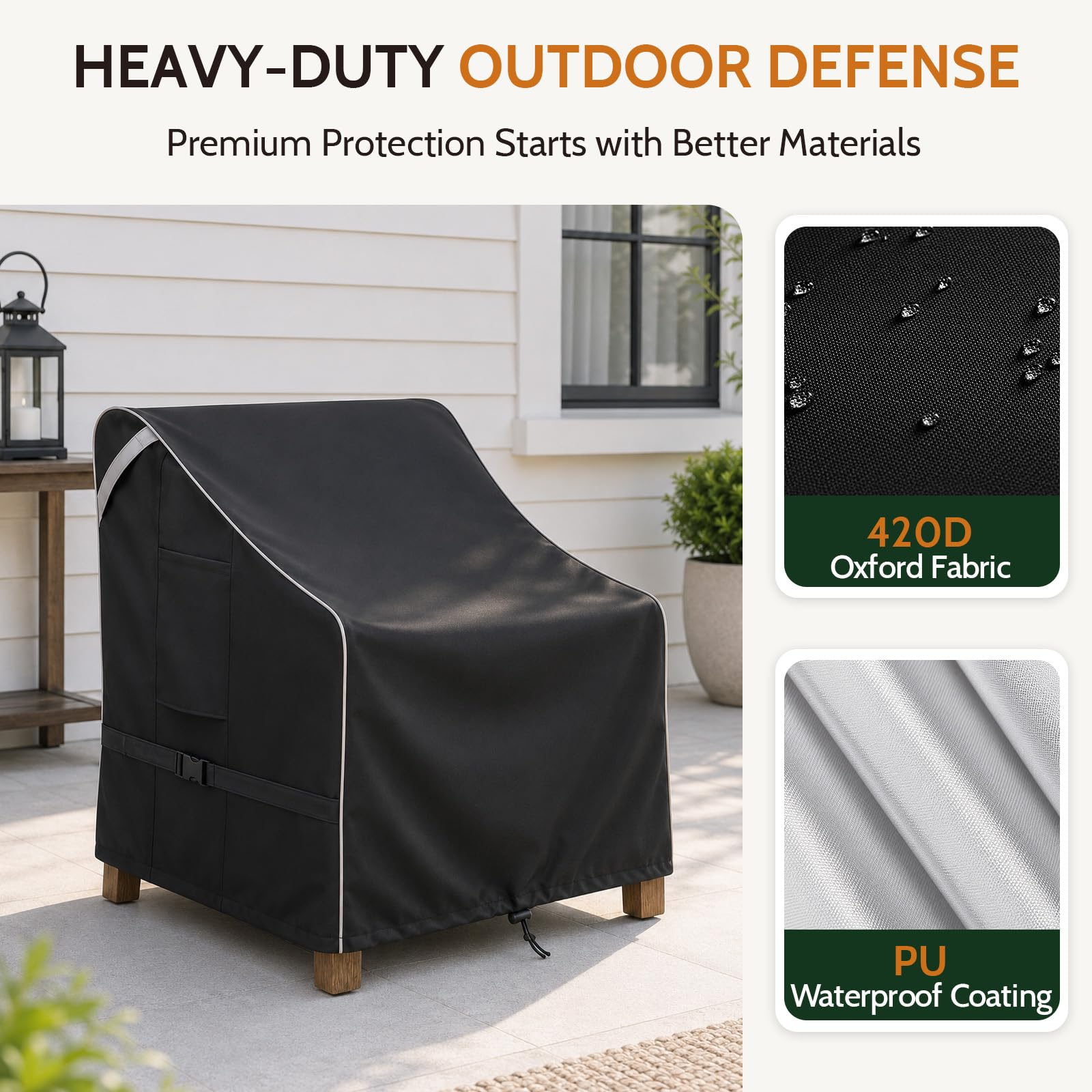 COSFLY side profile of cover on patio chair, demonstrates snug fit