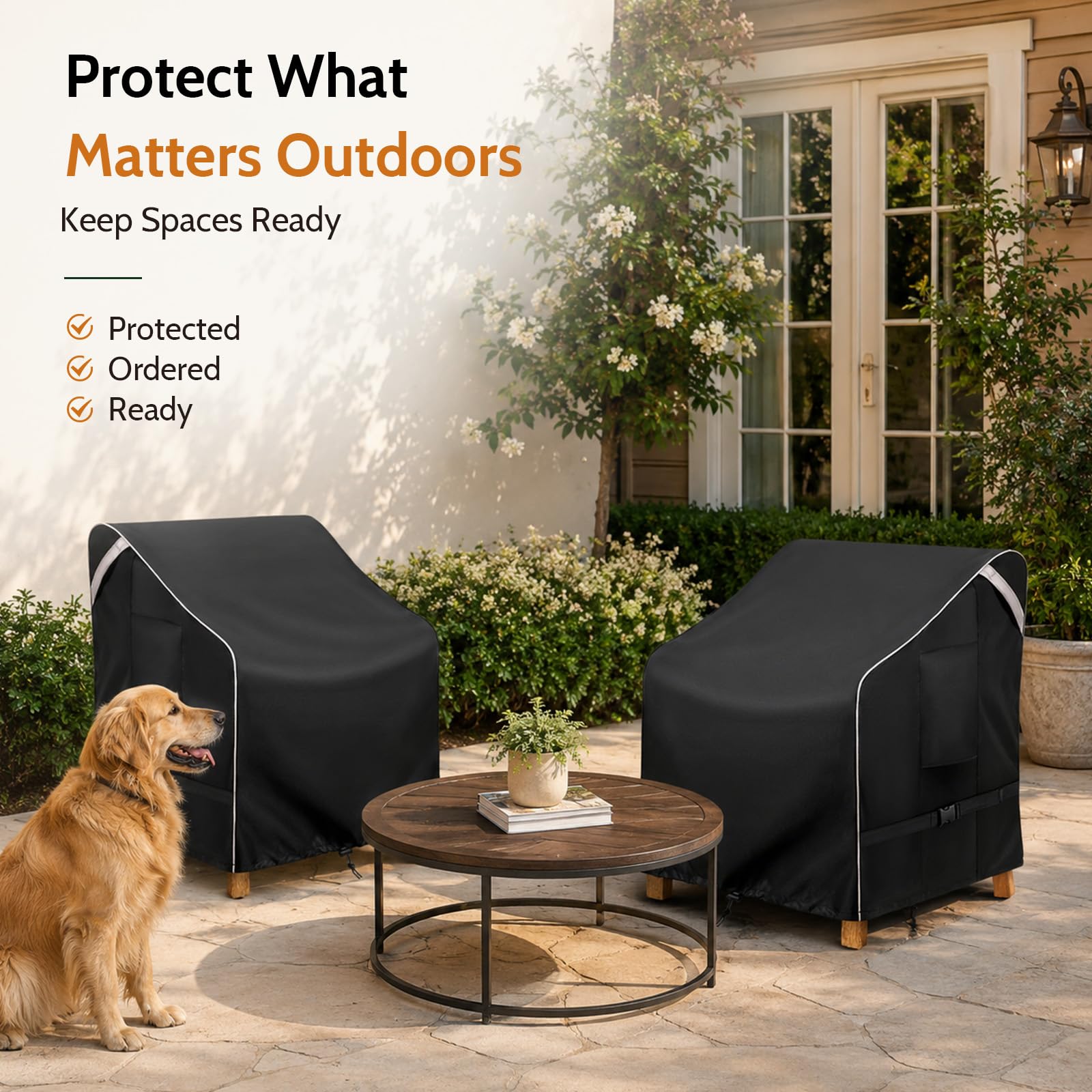 COSFLY cover next to chair showing measurements for correct fit