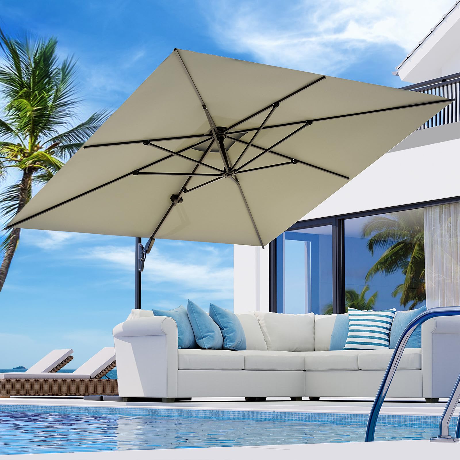 COSIEST cantilever front view showing full 10x10 canopy and shaded seating benefit