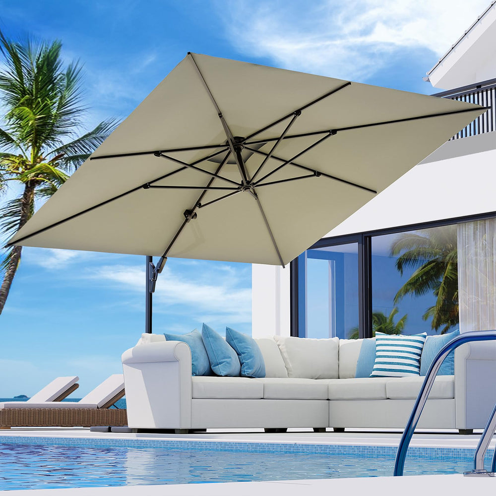 COSIEST cantilever front view showing full 10x10 canopy and shaded seating benefit