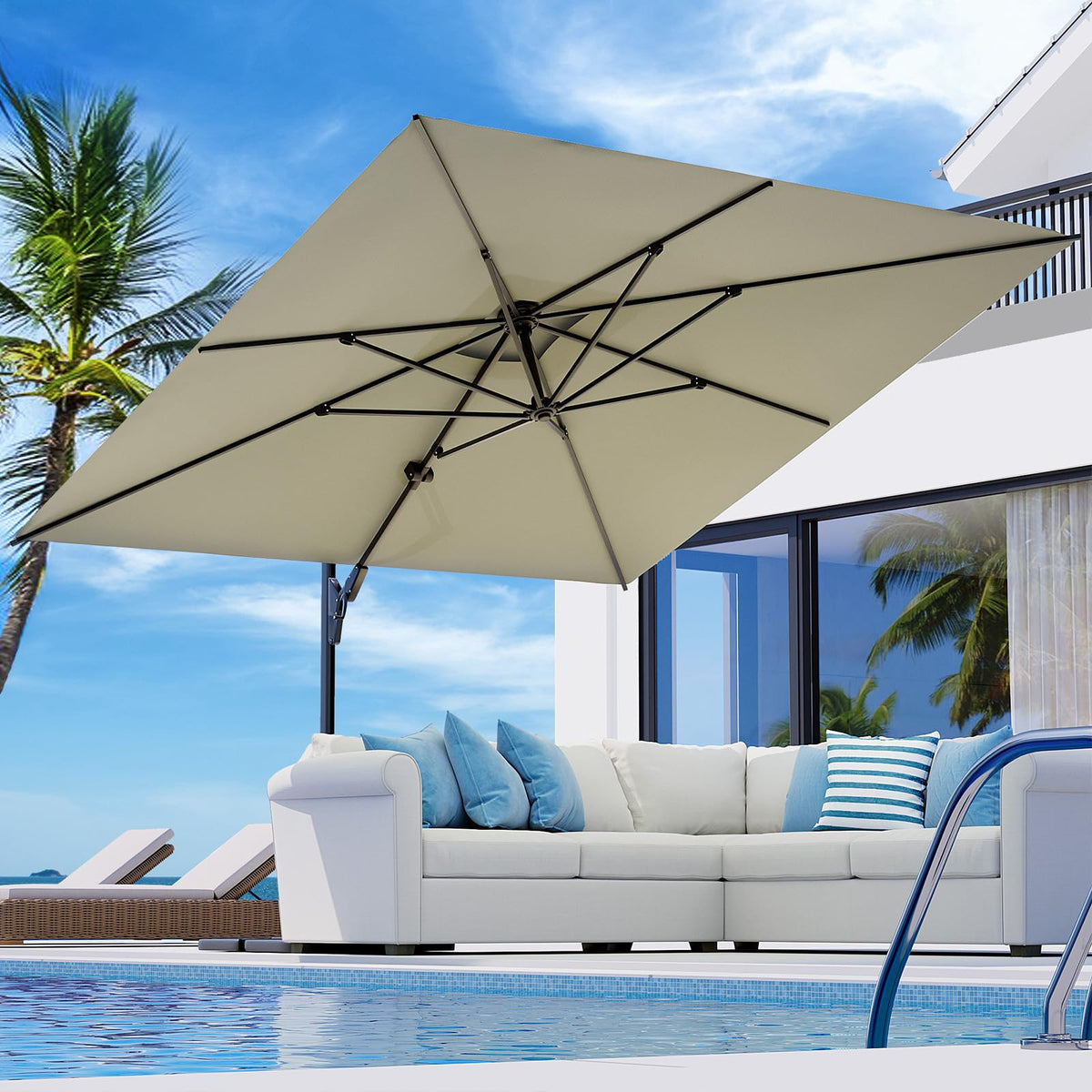 COSIEST cantilever front view showing full 10x10 canopy and shaded seating benefit