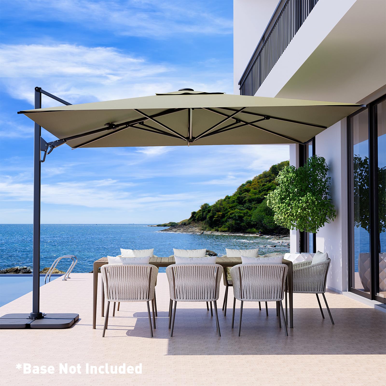 COSIEST offset pole detail highlighting sturdy aluminum frame and unobstructed seating benefit