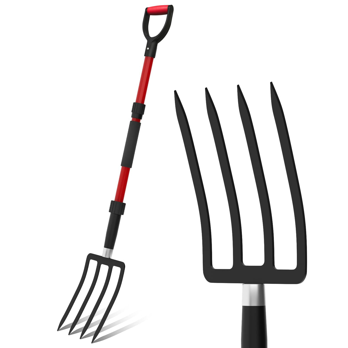 COSITA pitch fork front view showing red steel head and fiberglass shaft for durable use