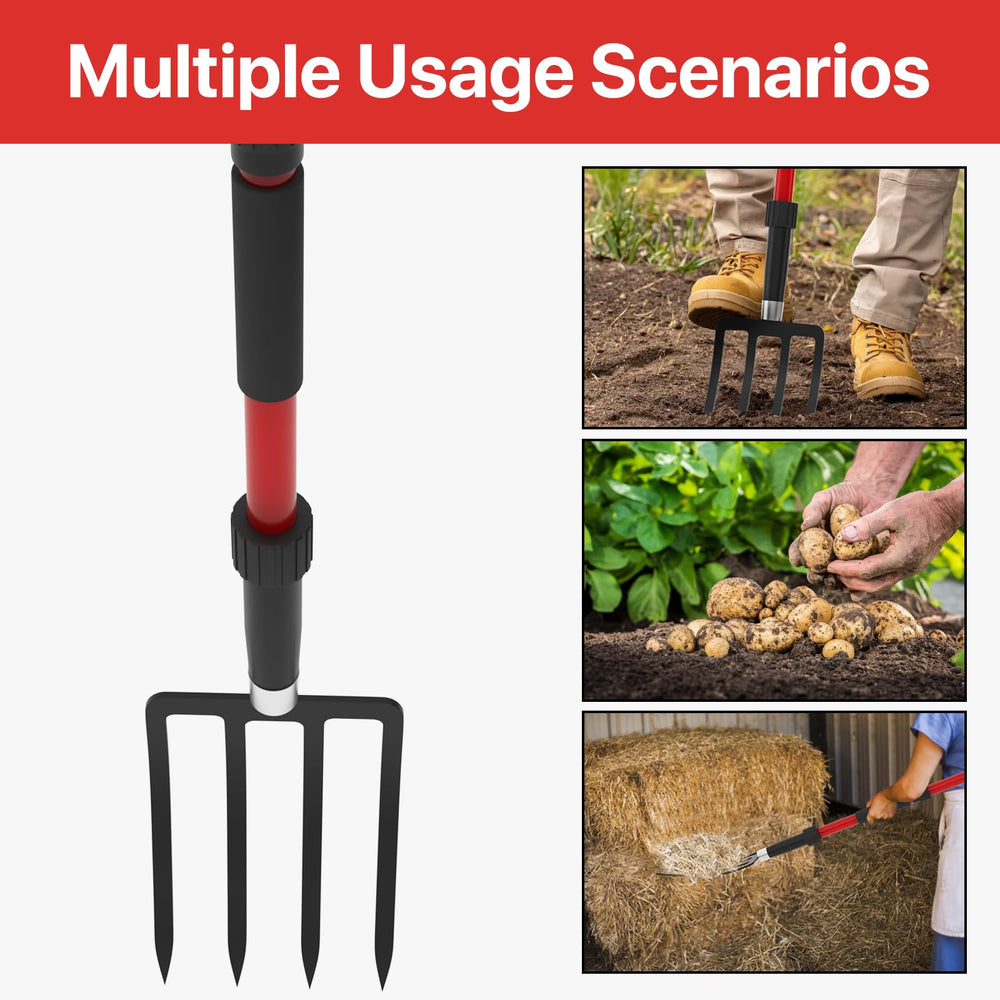 COSITA pitch fork placed in garden bed showing practical use around plants and mulch