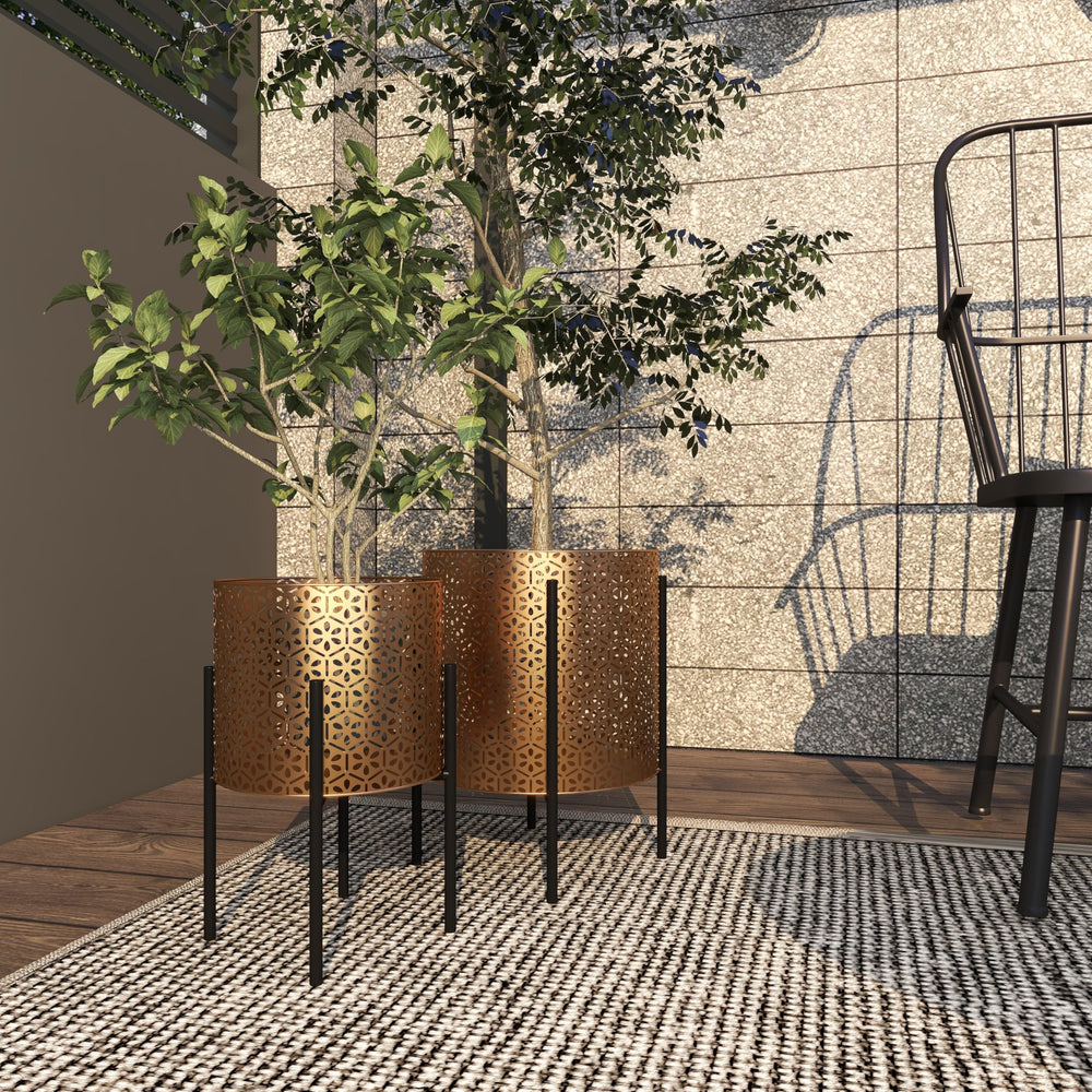 CosmoLiving planter on covered patio demonstrating outdoor styling versatility