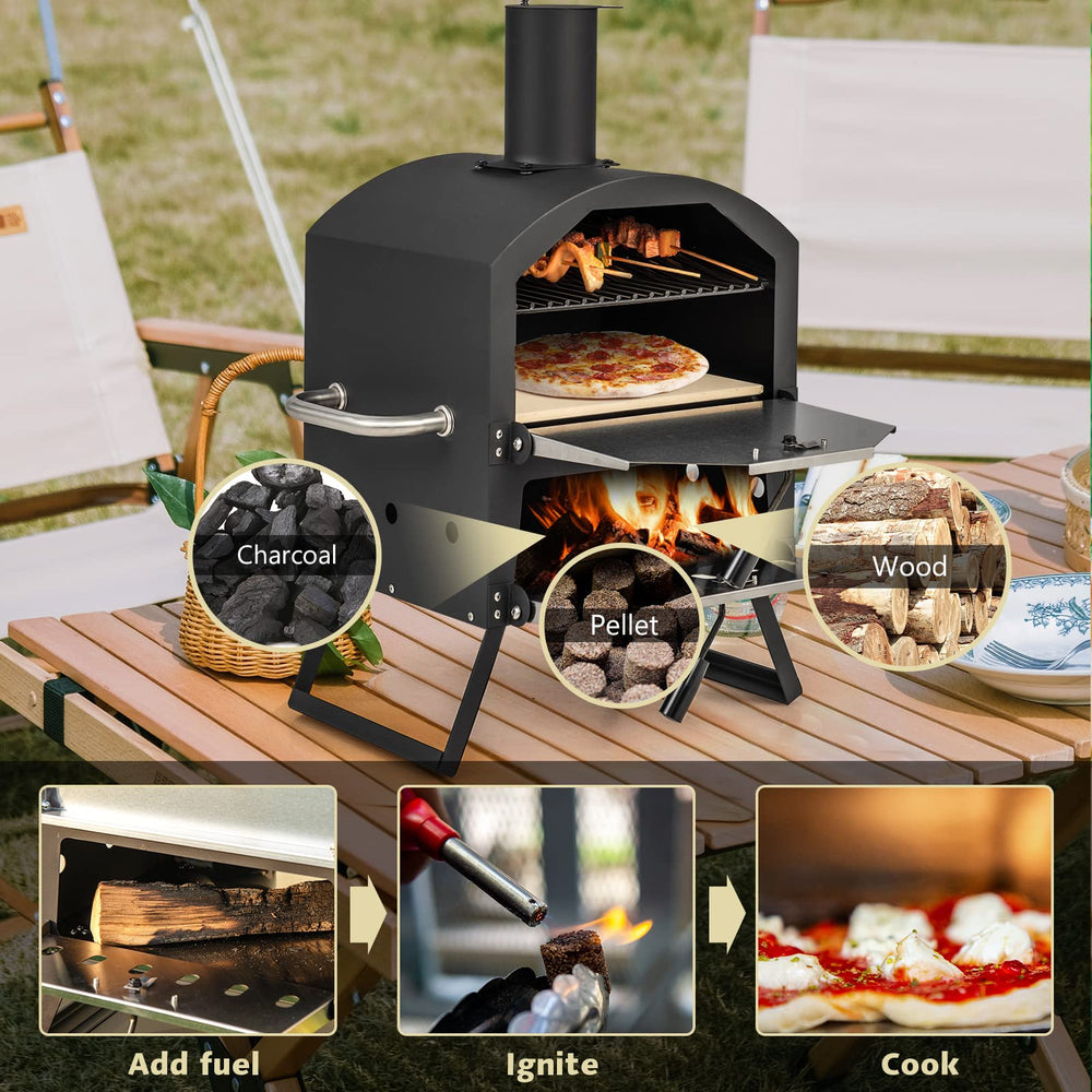 COSTWAY included accessories laid out: peel, stone, grid, cover for ready cooking