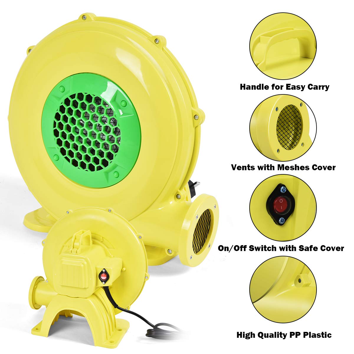 COSTWAY blower next to hand demonstrating compact size and portability
