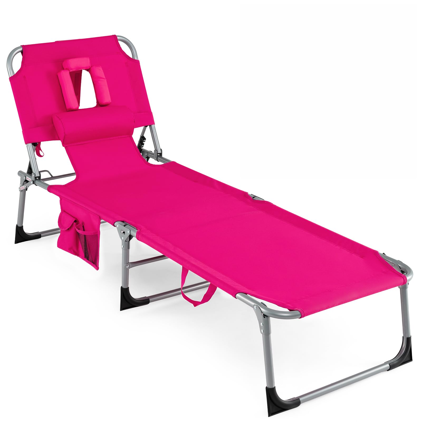 COSTWAY front view of folding lounge chair showing frame and recline positions for portability