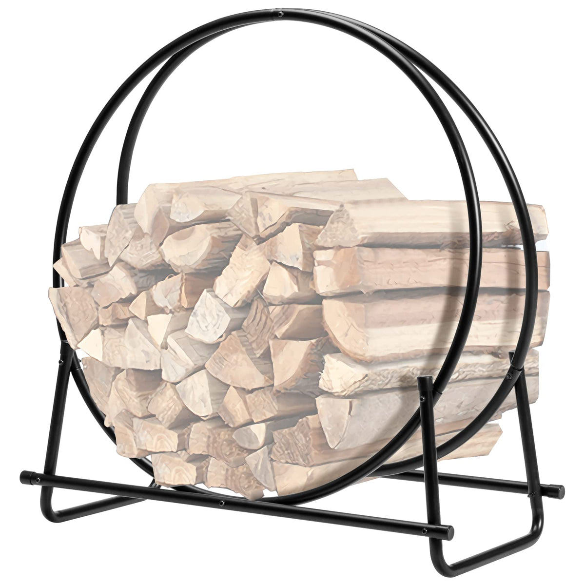 COSTWAY front view of 30-inch black log hoop showing organized firewood and tidy storage benefit