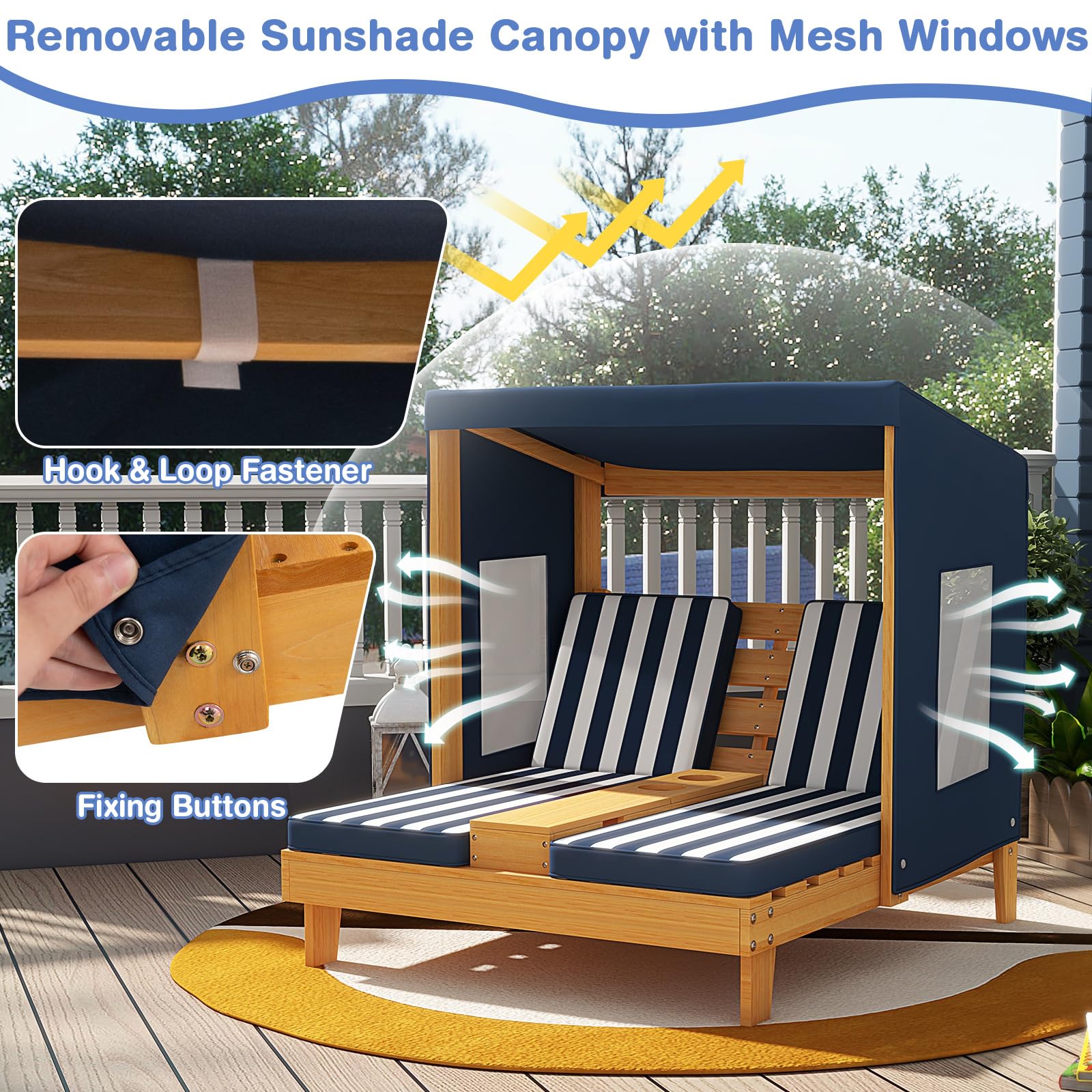 Costzon canopy detail with striped fabric providing shade and sun protection