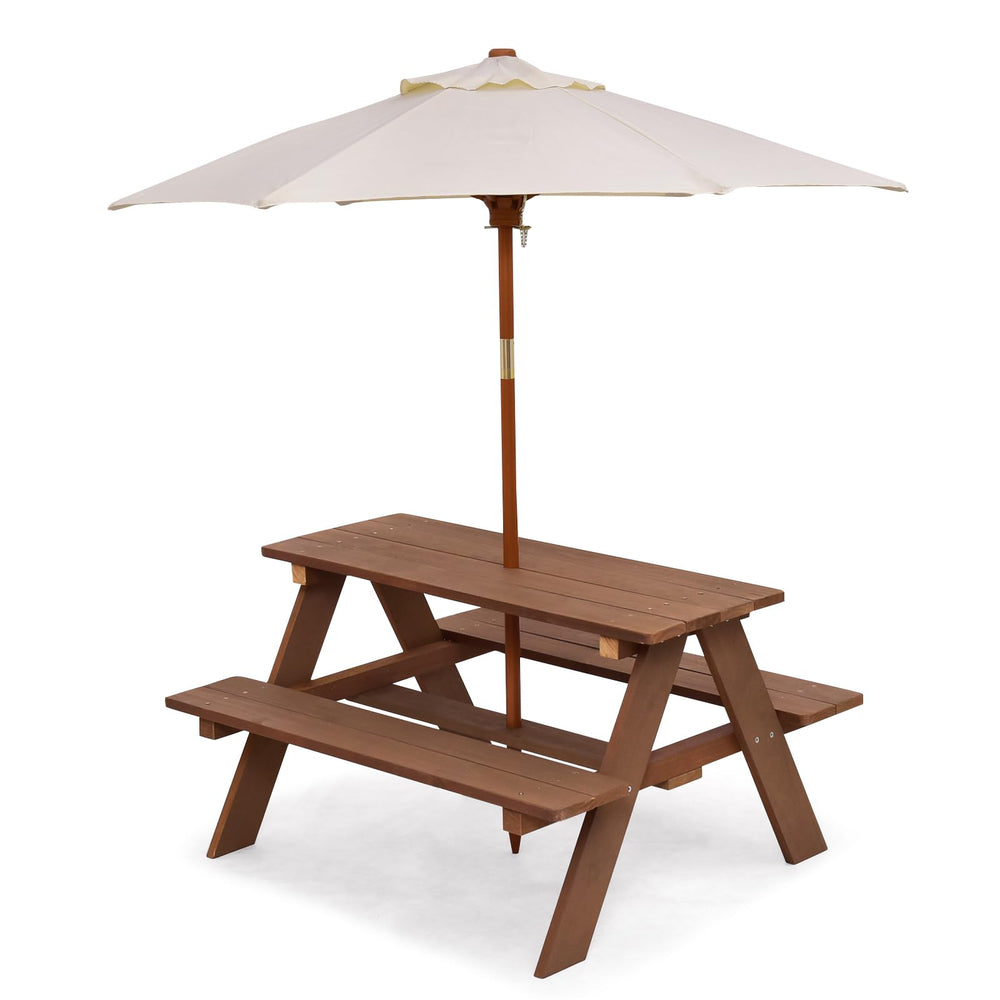 Costzon front view picnic table showing natural finish and umbrella shade benefit
