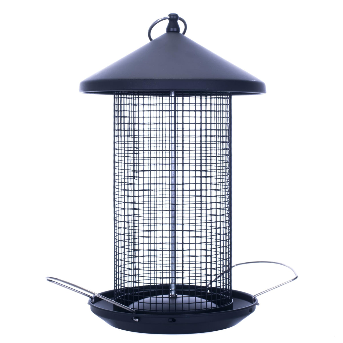 Cottage Garden front view of matte black feeder showing sturdy build and easy refilling