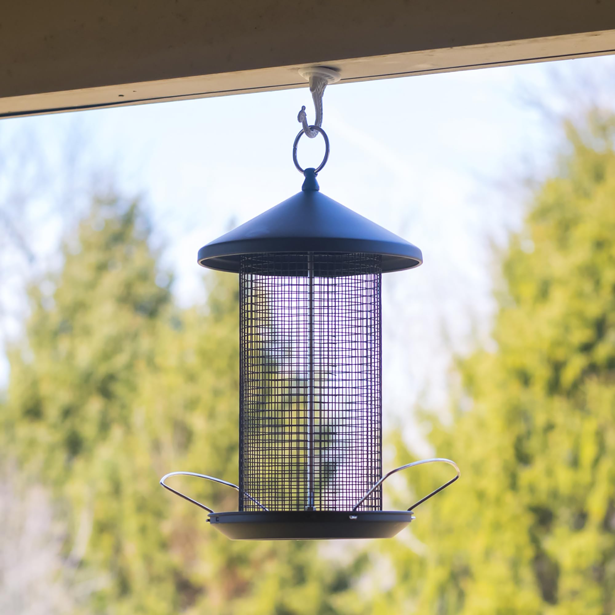 Cottage Garden feeder in use with a cardinal perched showing bird attraction