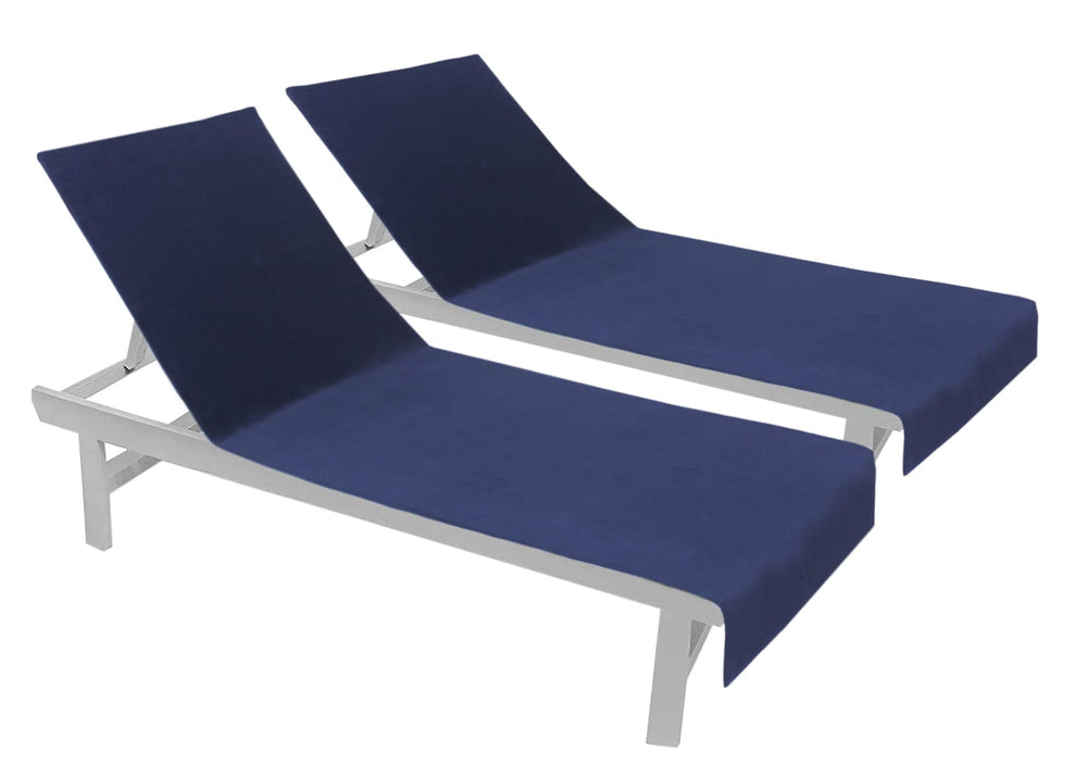 COTTON CRAFT front view of two navy lounge chair covers showing neat fit and color