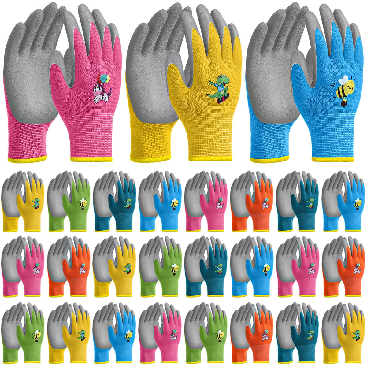Cotwinter front packaging showing 24 colorful kids gardening gloves and quantity benefit