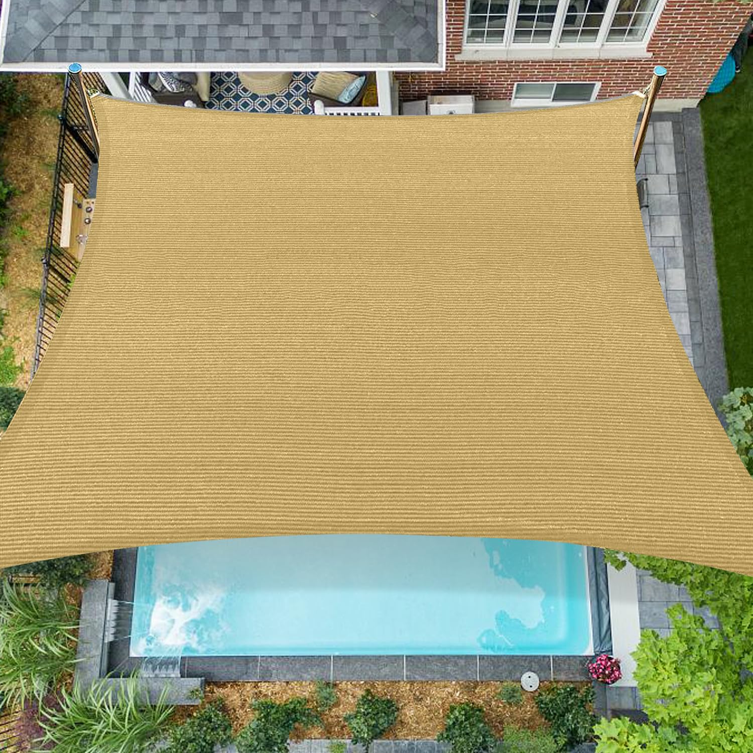 Coumavin sun shade front view showing full rectangular coverage and clean sand color for cool shade