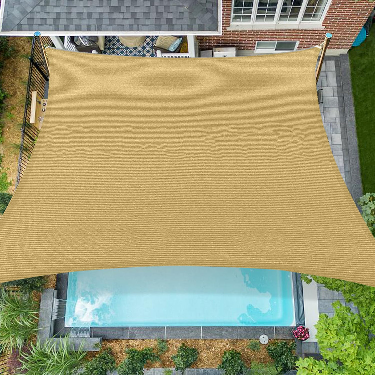 Coumavin sun shade front view showing full rectangular coverage and clean sand color for cool shade