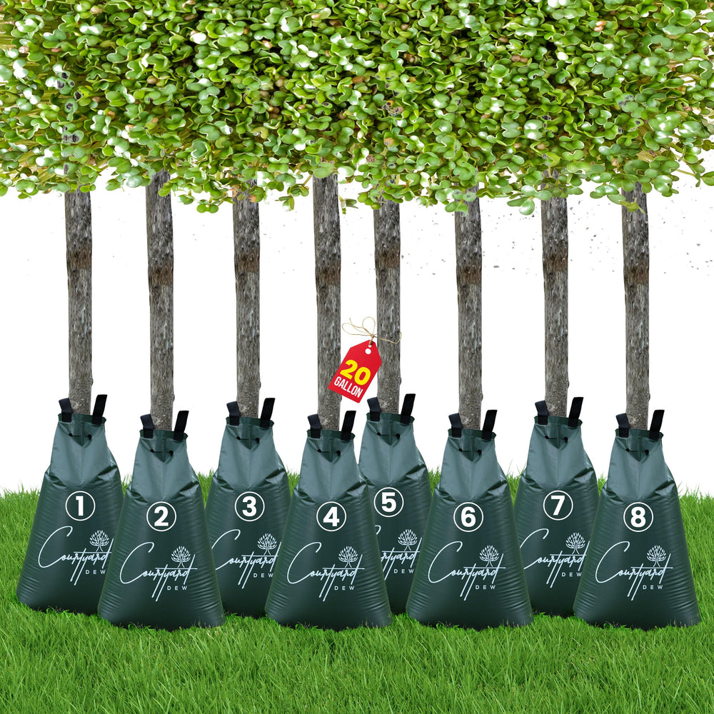 Courtyard Dew front pack showing eight tree watering bags and benefits