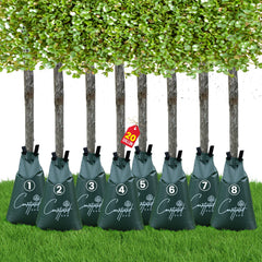 Courtyard Dew front pack showing eight tree watering bags and benefits