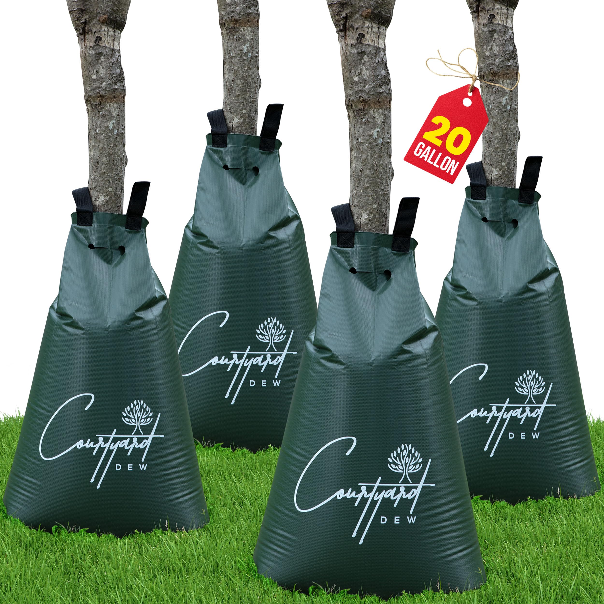 Courtyard Dew front view showing four 20-gallon bags and packaging, durable solution