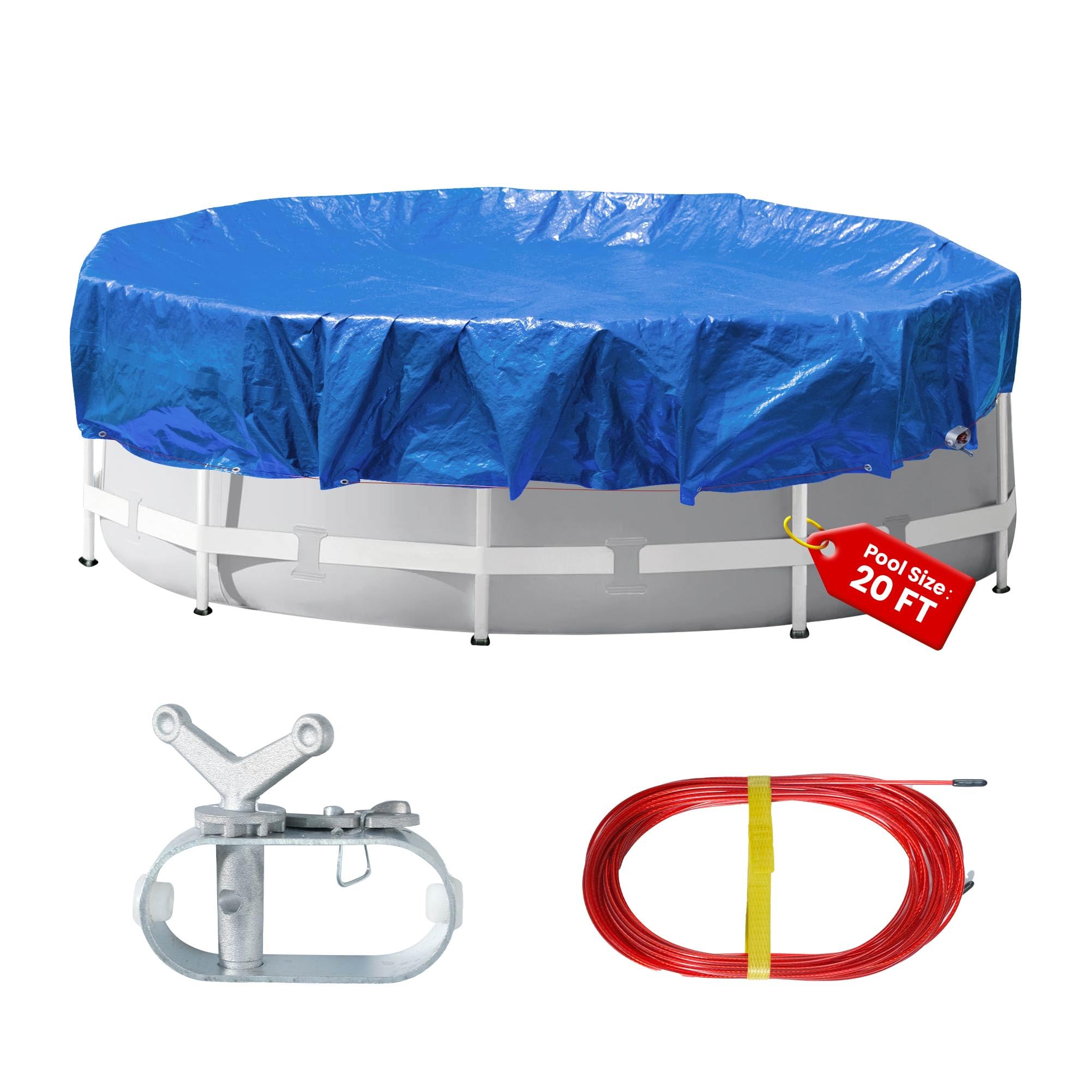 Covall front packaging showing 24ft round pool cover and included kit for easy protection