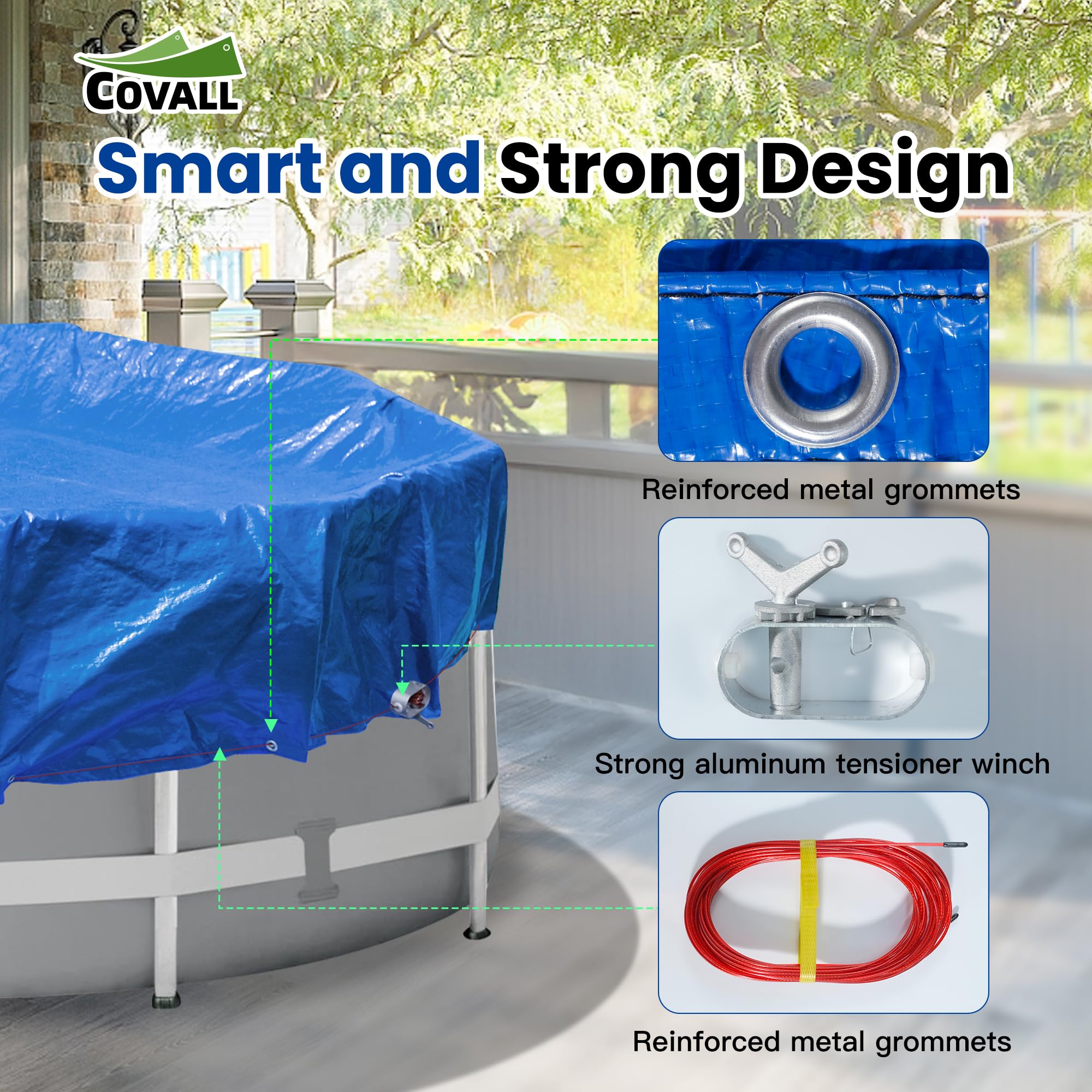 Covall installed on a 24ft above-ground pool demonstrating waterproof debris protection