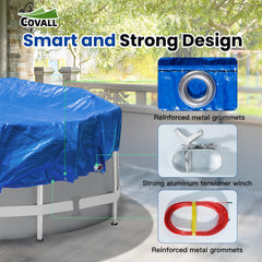 Covall installed on a 24ft above-ground pool demonstrating waterproof debris protection