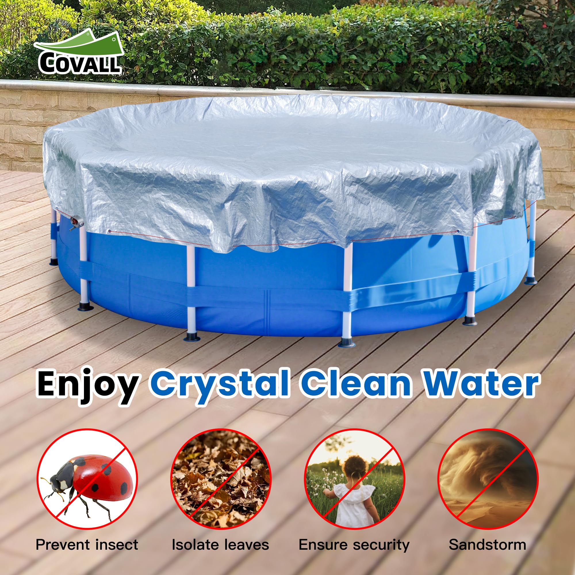 Covall pool cover installed with winch and cable showing secure weatherproof fit