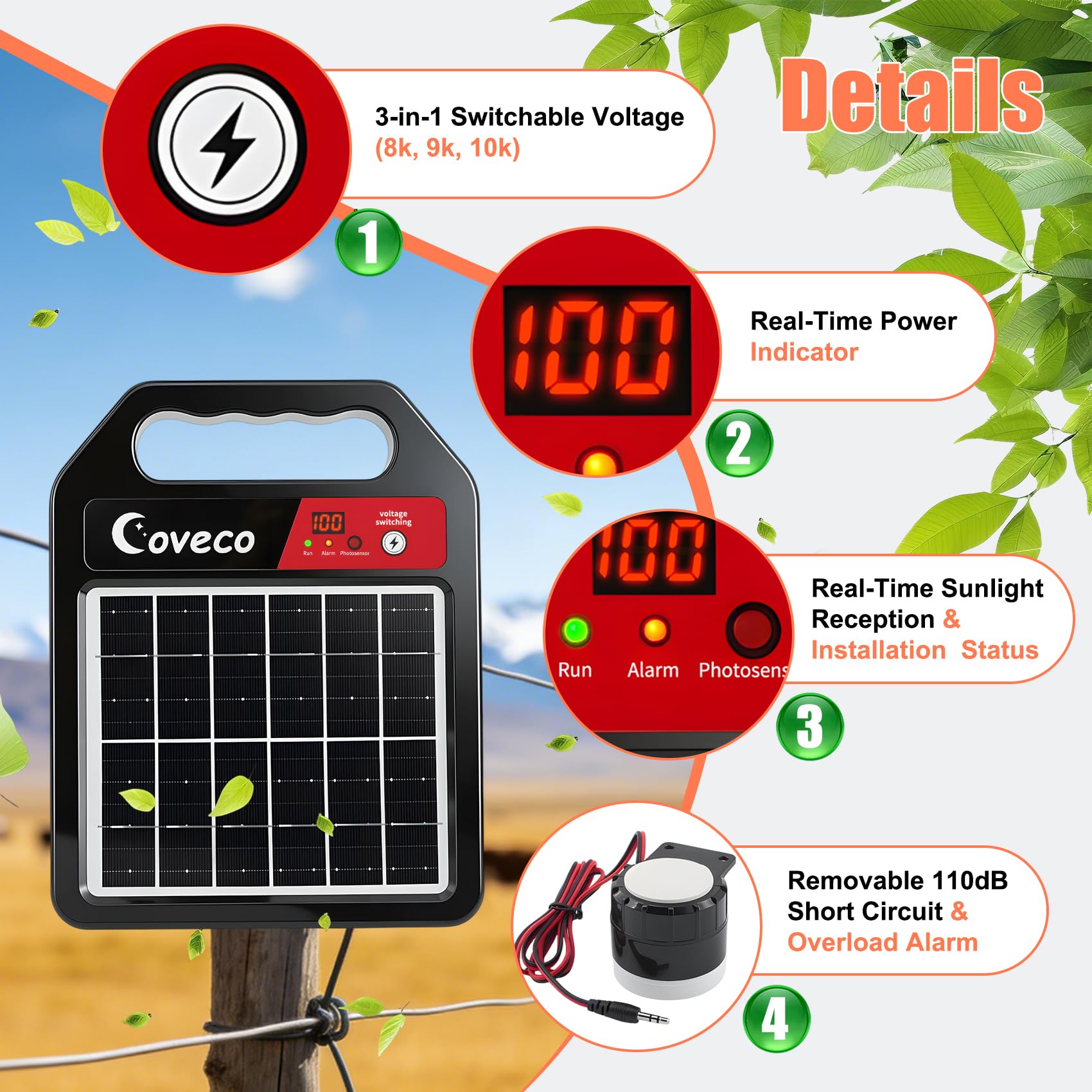 COVECO LED diagnostic dashboard closeup showing charge and battery indicators for quick checks