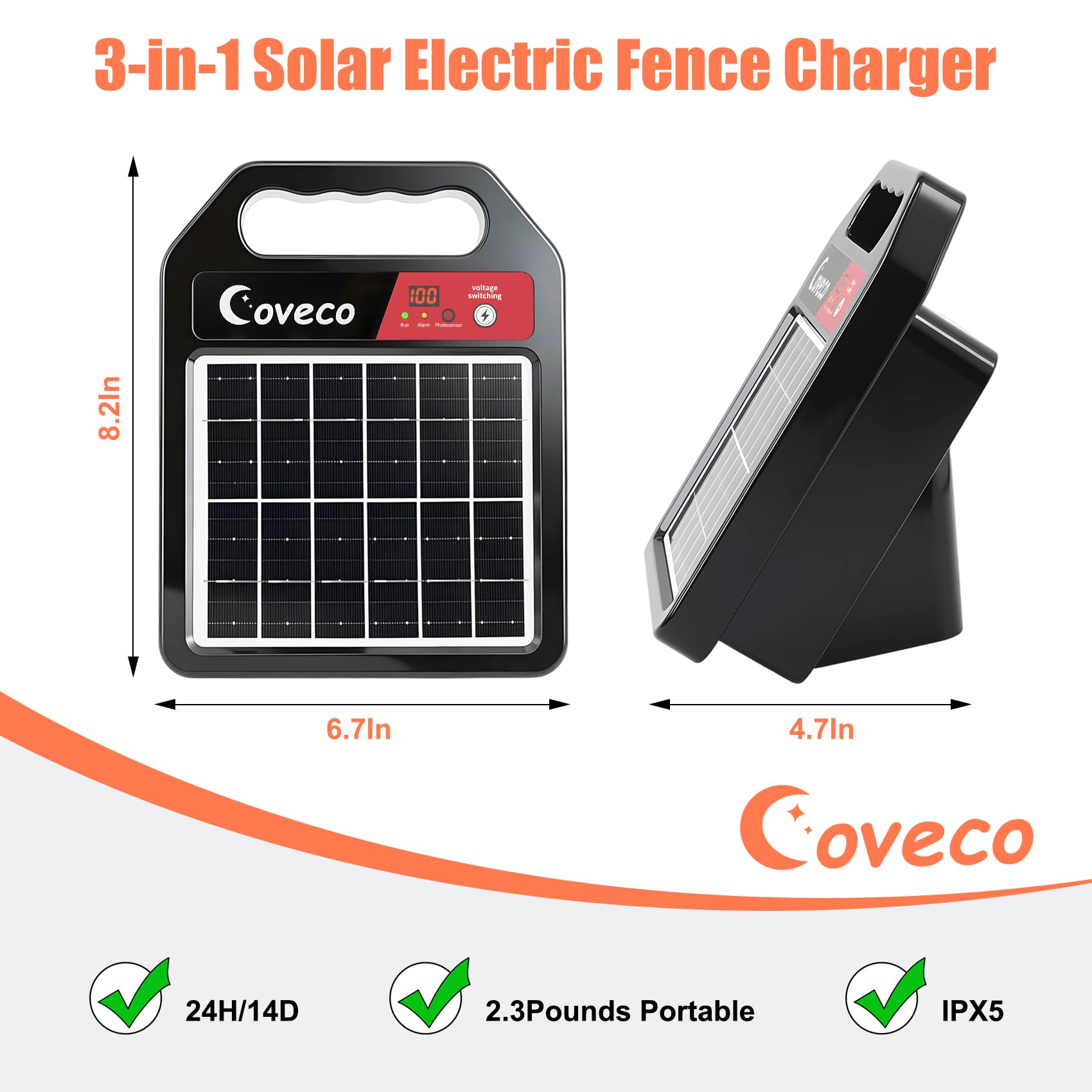 COVECO solar panel with battery compartment open highlighting 14-day backup reliability