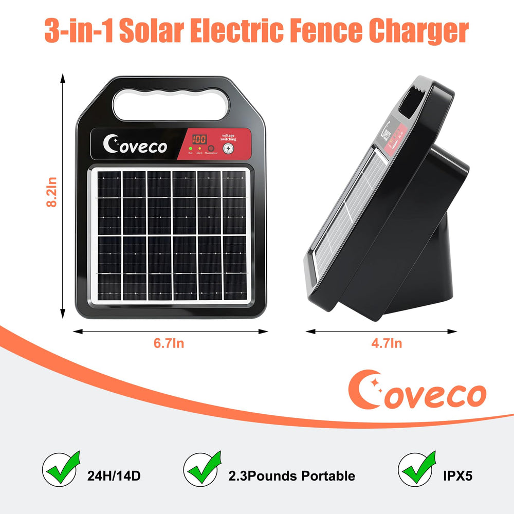 COVECO solar panel with battery compartment open highlighting 14-day backup reliability