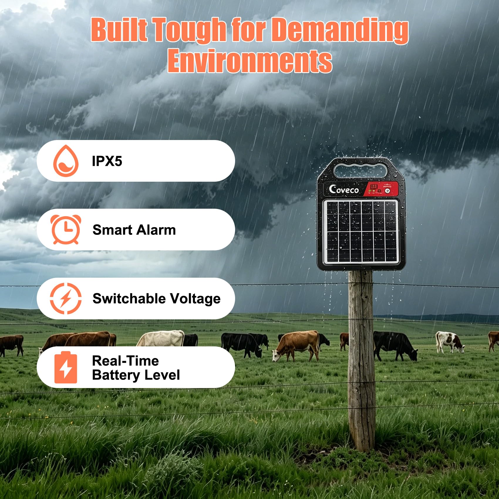 COVECO voltage switch detail showing 8,000V 9,000V 10,200V options for animal-specific settings