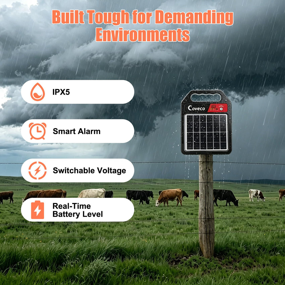 COVECO voltage switch detail showing 8,000V 9,000V 10,200V options for animal-specific settings