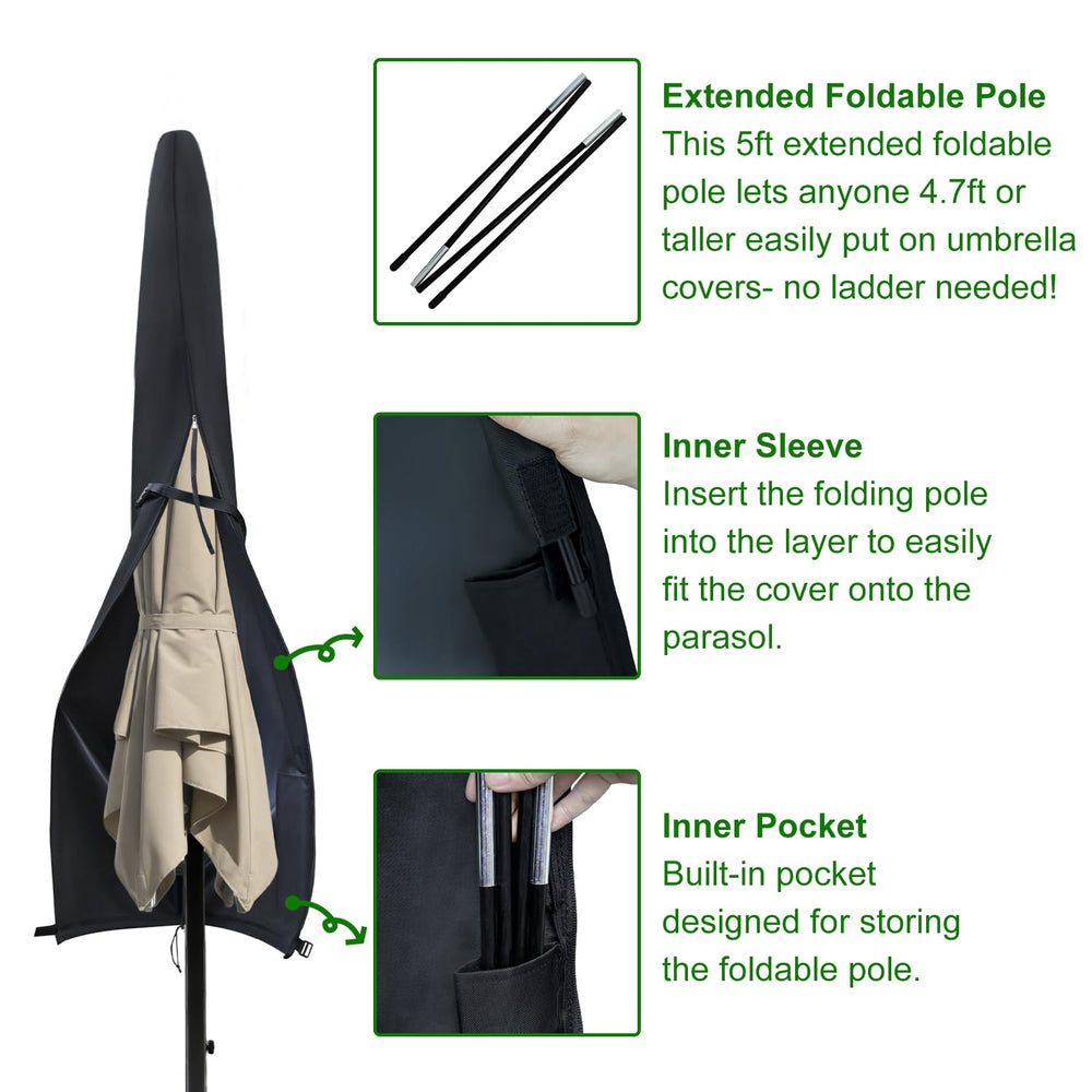 Cover Geny extended 5ft pole inserted in sleeve during installation, enabling ladder-free placement