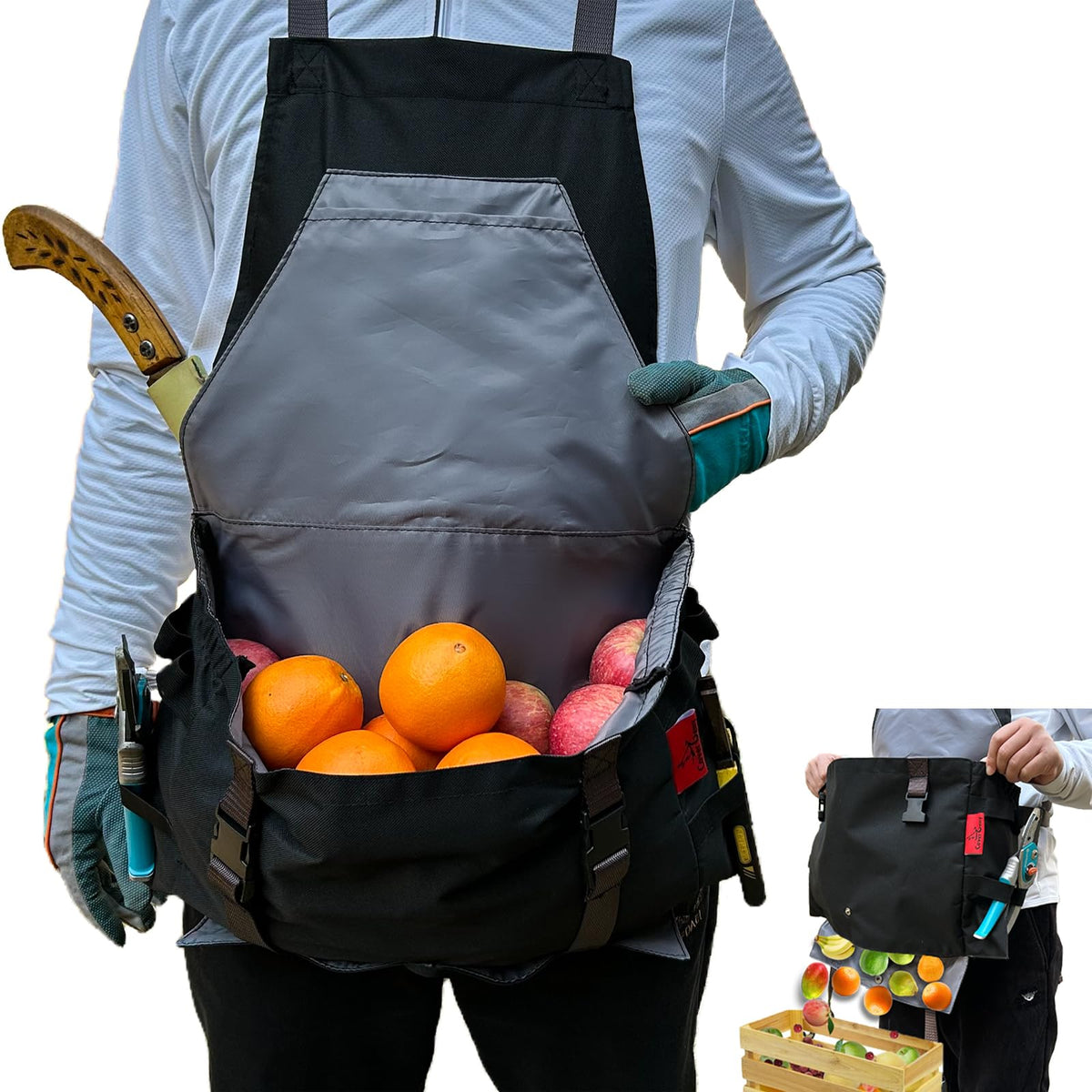 Cover Geny front view apron showing large waterproof harvest pocket for easy carrying