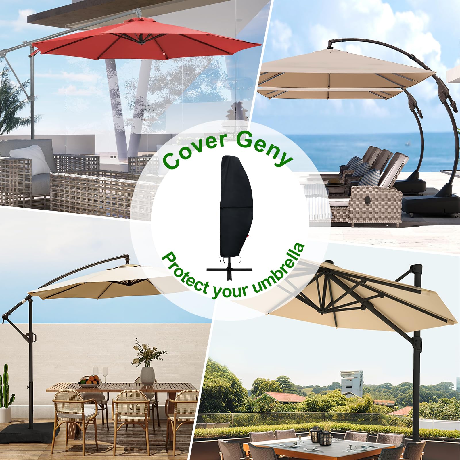 Cover Geny installed on patio umbrella in outdoor setting, keeping parasol clean and protected