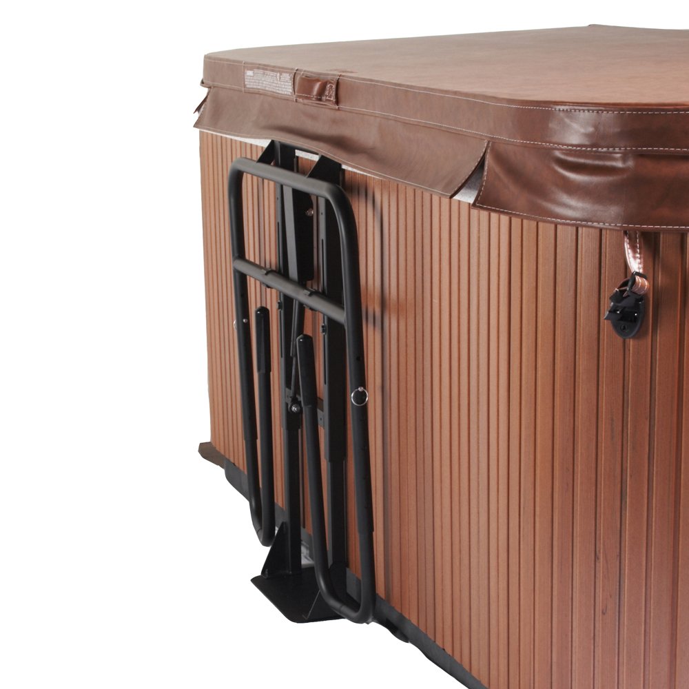 Cover Valet NP509 on poolside patio with cover stored demonstrating safer easy access benefit